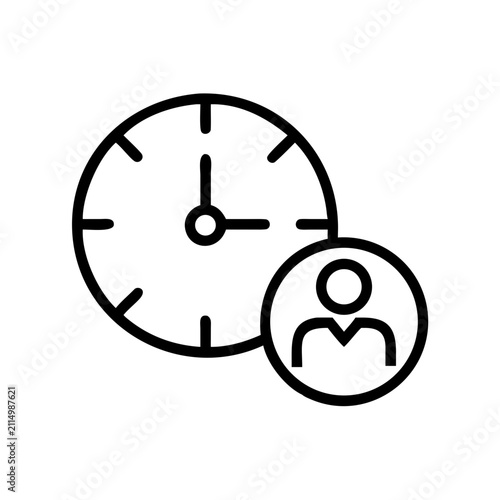 Time management line icon with clock face and person profile symbol.