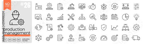 Production management line icon set. Manufacturing, factory, assembly, quality, workflow, inventory, machinery, automation, maintenance, scheduling, operations. Editable stroke. Vector illustration.