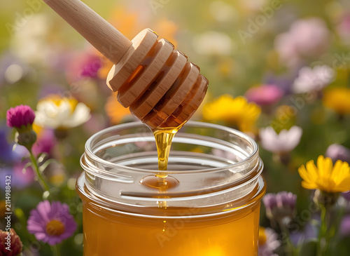Golden Honey Dripping from Wooden Honey Dipper into Glass Jar