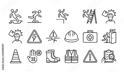 Fotografie Professional Workplace Safety Line Icon Set with Falling Person Hazard Warning a