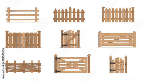 Collection of nine various styles of rustic wooden fences and gates, perfect for garden and property layouts.