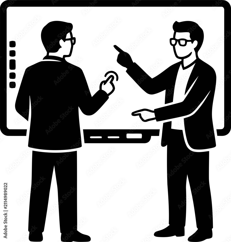 Fototapeta premium Two businessmen pointing at a digital whiteboard, presenting business ideas