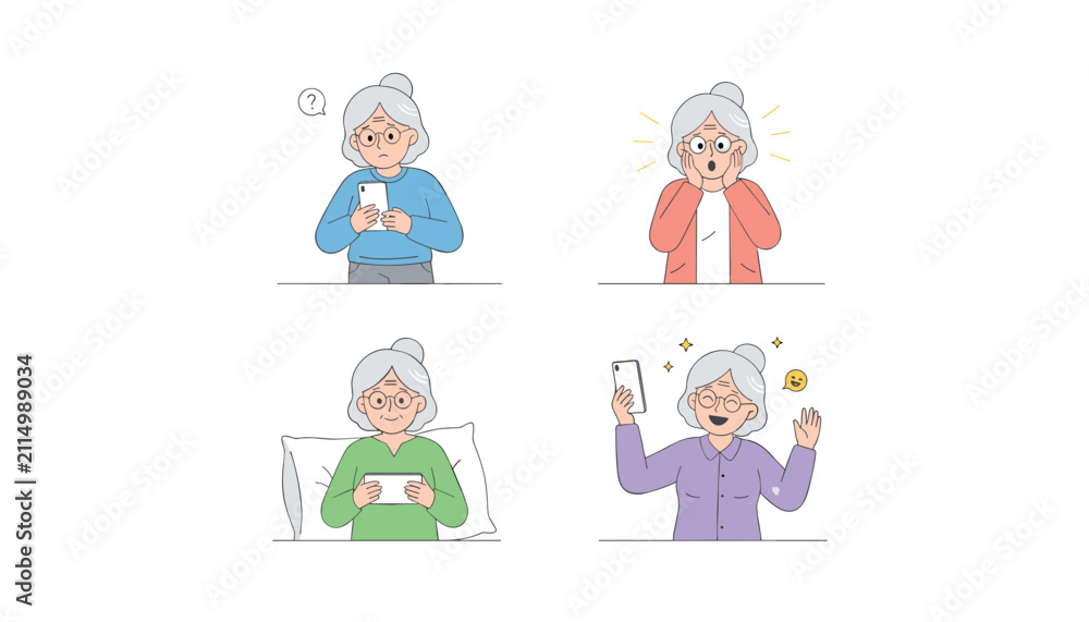 Fototapeta premium Cute cartoon character of an elderly grandmother using her mobile phone with various gestures and emotions.