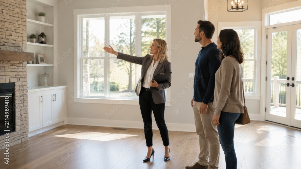 Obraz premium A real estate agent points toward a window while touring a couple through an elegant living room with a stone fireplace, built-in shelving, and glass doors, a crystal chandelier hanging