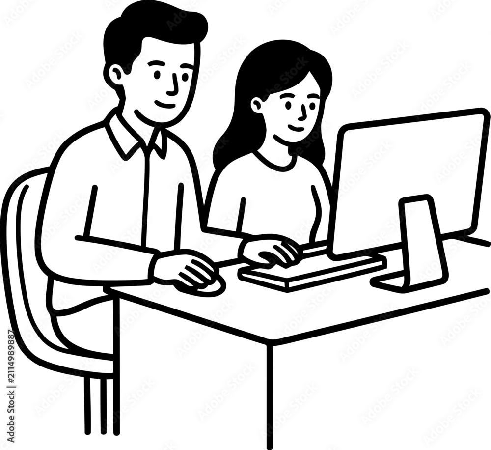 Obraz premium Couple Working Together on Computer Screen, Collaboration, Remote Work, Online Learning