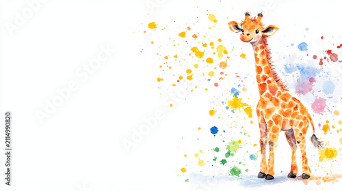 Cute giraffe illustration with colorful splashes in background, perfect for children decor or educational materials
