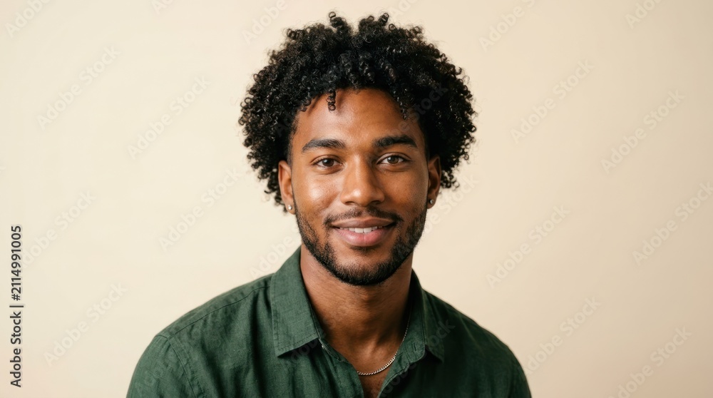 Obraz premium A man with curly hair wearing a green shirt, standing against a beige background.