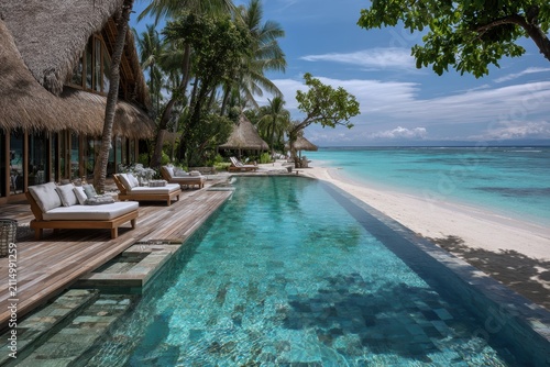 Serene beachfront resort with an infinity pool merging into the turquoise ocean, palm trees, and white sand.