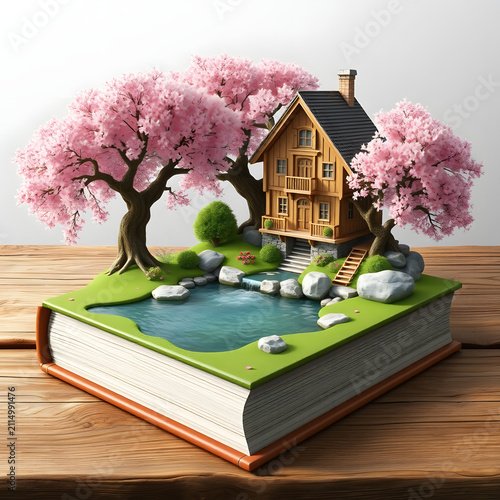 Fantasy Storybook House with Cherry Blossom Trees on Open Book