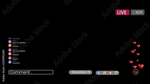 gaming Live stream badge interface overlay with social media layout animation template for twitch, youtube, content creator vlog. reacting to viral post, broadcast UI like, love, care reacts, emojis
