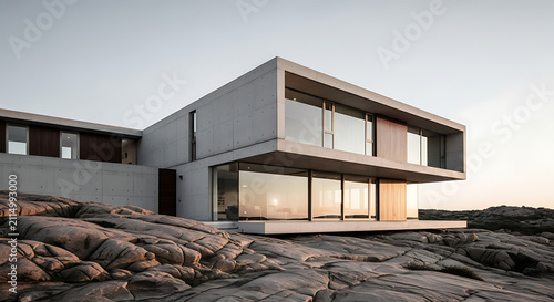 Modern luxury house stands on a rugged rocky cliff during a serene golden hour sunset.