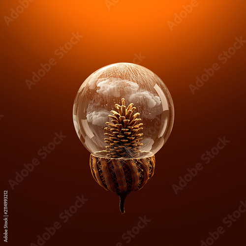 Pine Cone Enclosed in Transparent Glass Sphere on Brown Background