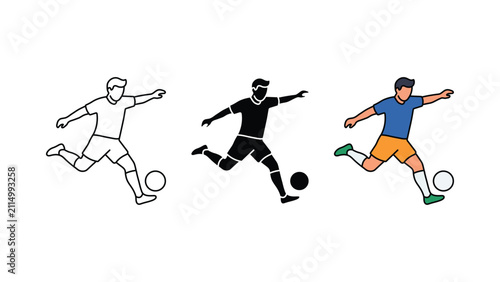Soccer player kicking ball icon set outline silhouette and color vector isolated on white background