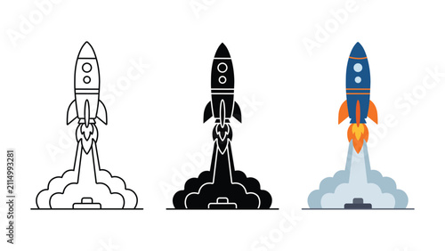 Photos Rocket launch startup icon set outline silhouette and color vector isolated on w