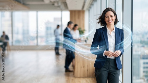A smiling professional businesswoman standing by a large office window with swirling light energy effects, while colleagues work in the background.