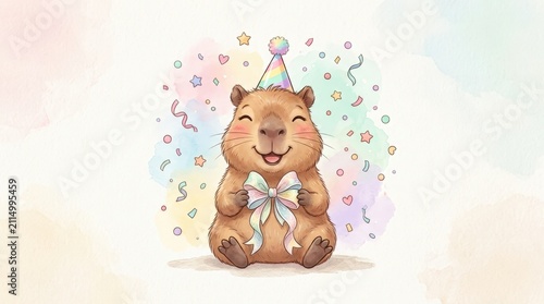 Smiling baby capybara holding ribbon bow with confetti and party hat