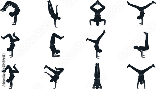 Bild auf Leinwand Breakdance Handstand Silhouette Collection with B-Boy Acrobat Freeze Poses, Hip