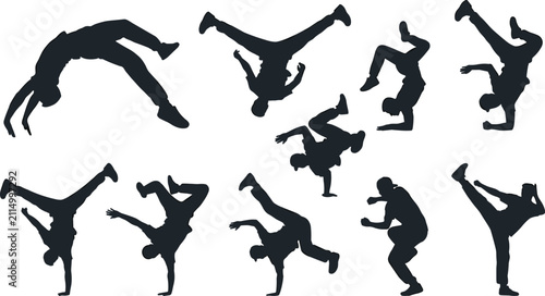 Картината върху платно Breakdance Silhouette Collection with B-Boy Acrobat Poses, Hip Hop Power Moves,