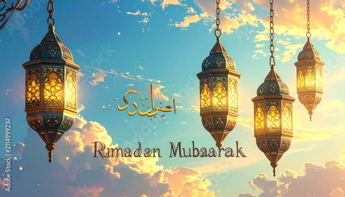 Ramadan Mubarak - Lanterns illuminate a serene sky with blessings.