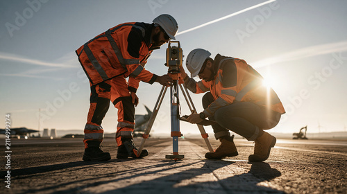 Land surveyors in orange safety vests measuring at construction site during sunset with surveying equipment and teamwork