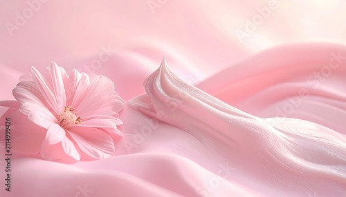 Soft pink flower on draped fabric, a delicate and romantic scene.