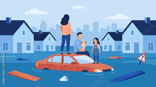 Family and dog on top of submerged car during a flood disaster