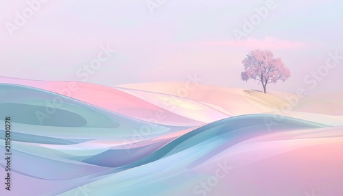 Pastel Dreamscape - Serene Landscape with Rolling Hills and a Solitary Tree.
