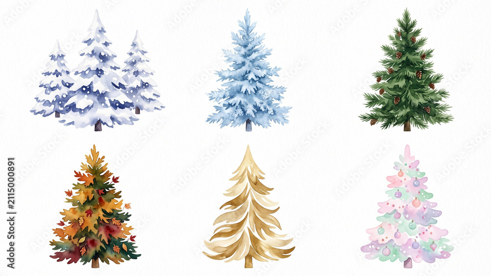 Fototapeta premium Watercolor Christmas tree set. Hand painted pine trees for holiday design and winter decor.