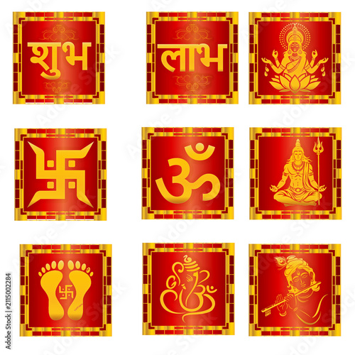 Premium Hindu Spiritual Symbol Collection with Gold Ganesha Swastik Om Shubh Labh Shri Kalash Lakshmi Footprints and Jai Mahakal Vector Set