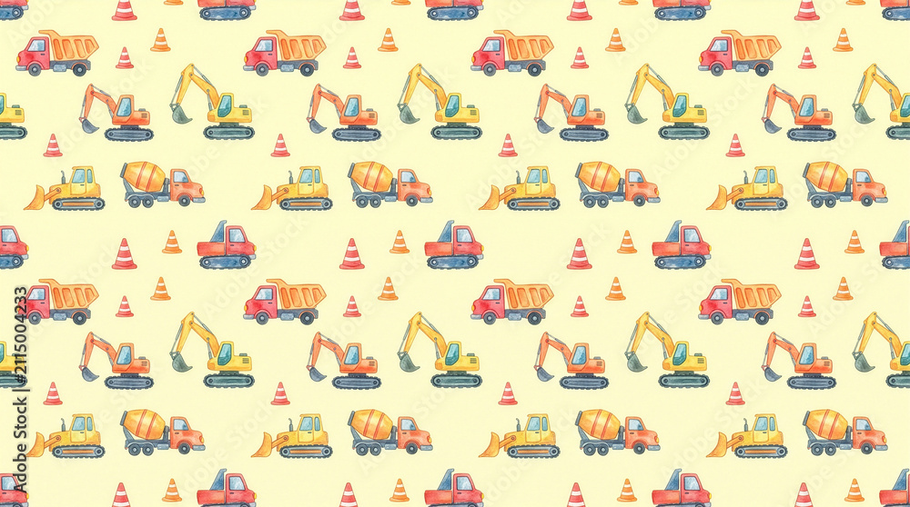 Obraz premium Watercolor pattern of small construction trucks and cones on pale yellow background, boy nursery illustration