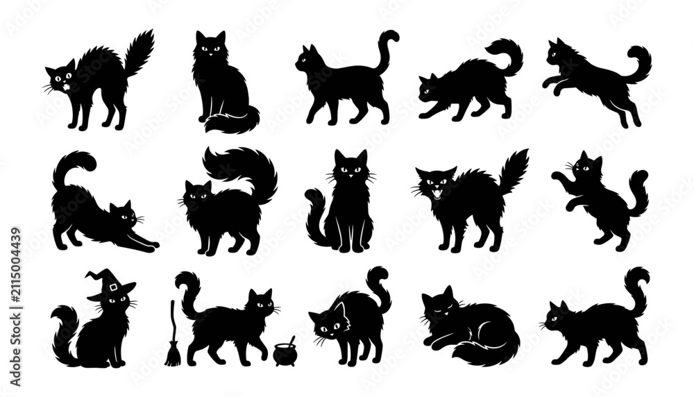 Fototapeta premium A collection of fifteen black cat silhouettes in various poses including sitting walking jumping and arching backs for spooky halloween designs
