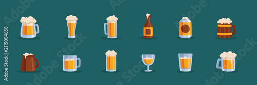 Colorful beer illustration element set with different beer containers set on a dark teak background. Beer element set suitable for brewery branding, Oktoberfest, bar menus, and digital designs.