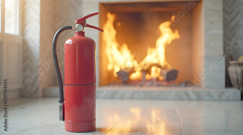 A vivid red fire extinguisher stands sharply in the foreground, ready to respond, while a large blaze burns ominously near a modern wood-burning stove in a home living room