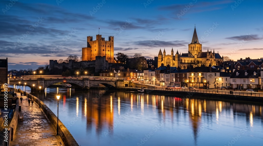 Fototapeta premium A picturesque view of a historic European city at dusk, with a river reflecting illuminated buildings, a castle, and a cathedral under a twilight sky.