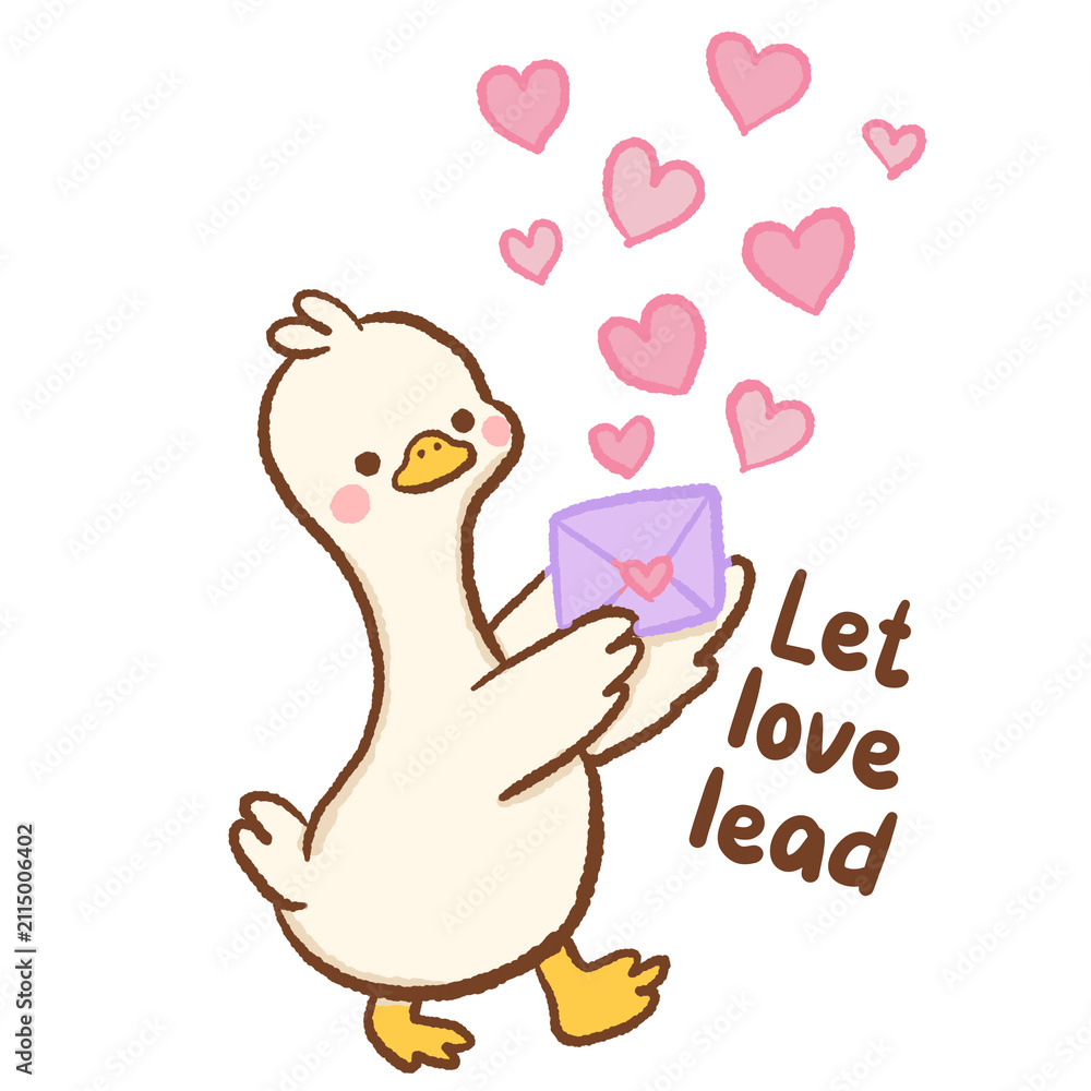 Fototapeta premium Cute Kawaii Long Neck Goose Holding Love Letter with Floating Hearts Let Love Lead Sweet Self Care and Kindness Pastel Illustration