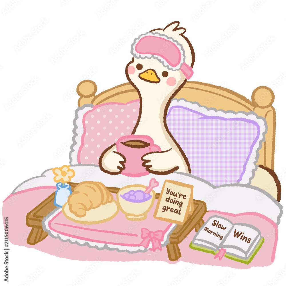 Fototapeta premium Cute Kawaii Long Neck Goose Enjoying Breakfast in Bed with Coffee Croissant Jam and Cozy Self Care Morning Routine Pastel Comfort Clipart
