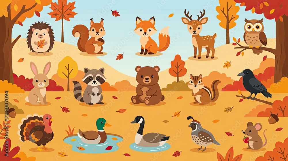 Fototapeta premium Group of cute woodland animals in an autumn forest landscape cartoon style illustration with thanksgiving woodland wildlife illustration seasonal squirrel hedgehog chipmunk