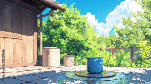 Serene outdoor scene featuring blue pot on reflective surface, surrounded by lush greenery and wooden structure under bright blue sky