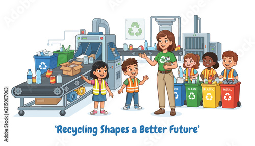 Children and teacher learning about recycling process at a facility with conveyor belt and sorting bins