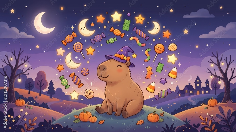 Fototapeta premium Capybara wearing witch hat surrounded by floating stars, moons, and candy in whimsical landscape