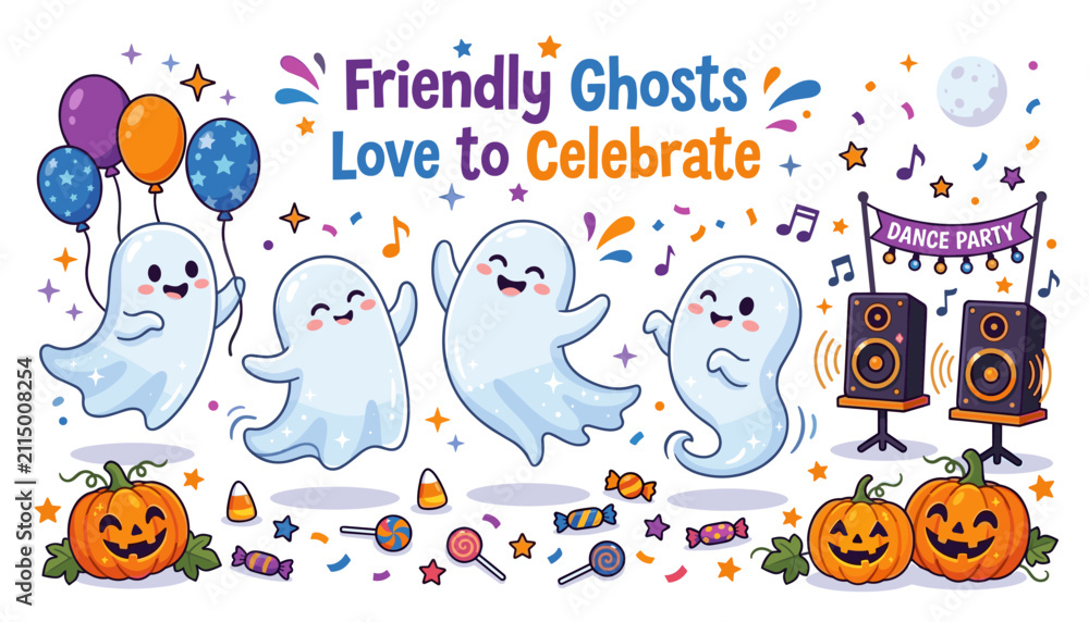 Fototapeta premium Friendly ghosts love to celebrate halloween party illustration