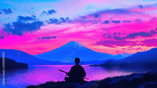 Serene silhouette of figure sitting by lake, gazing at majestic mountain under vibrant pink and blue sky