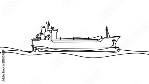 Cargo ship line drawing on white background.