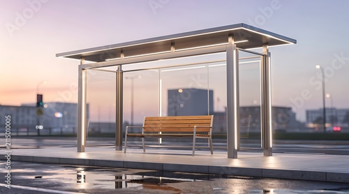 Modern bus stop shelter with wooden bench at dusk with city lights in background.