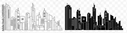 City skyline silhouettes, outline and solid black buildings set on a transparent checkered background