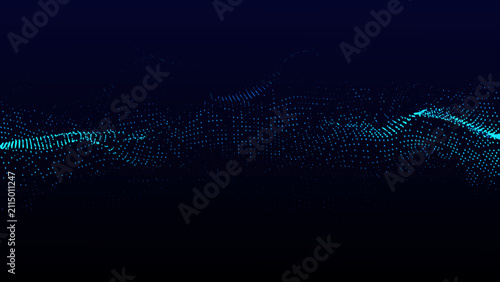 Fotografía Flowing wave patterns created from numerous blue dots against a dark background