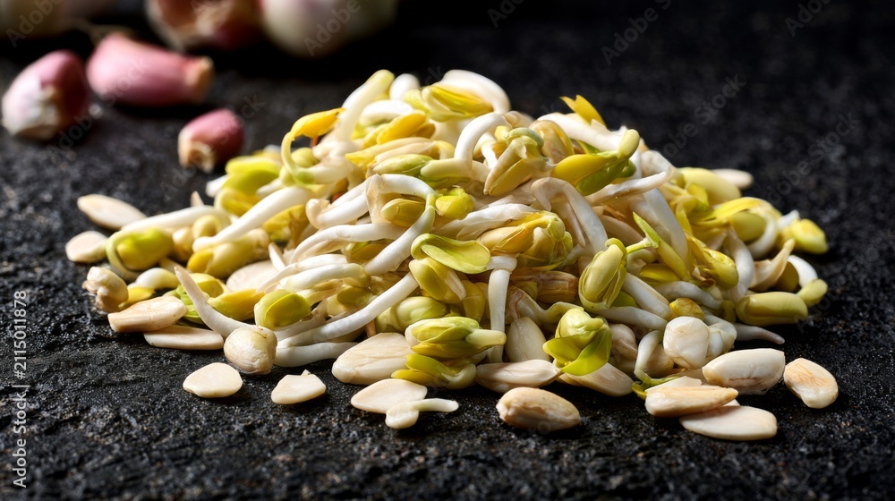 Obraz premium Freshly Harvested Bean Sprouts and Seeds on a Dark Rustic Surface with Natural Elements for Healthy Eating and Nutritional Concepts
