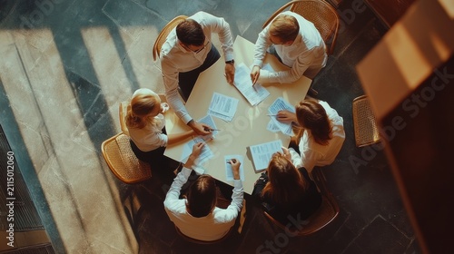 High-angle view of a diverse group of young adults gathered around a circular table, engaged in a meeting or collaborative task.  Documents are visible on the table