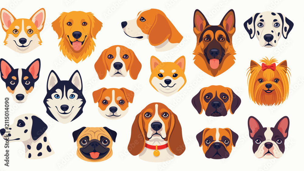 Obraz premium Dog faces and puppy avatars vector illustration set, cute domestic pet muzzle icons collection with German Shepherd, Husky, Golden Retriever, and Dalmatian isolated on white background