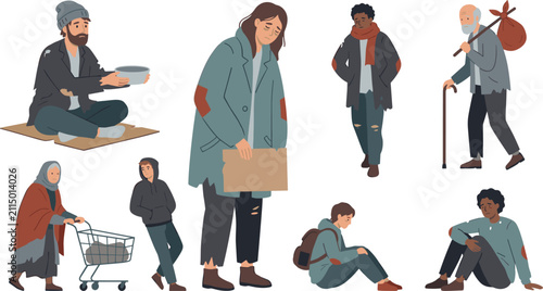 Homeless People Character Collection with Poverty Awareness Vulnerable Individuals Social Support and Humanitarian Aid Vector Illustration Set
